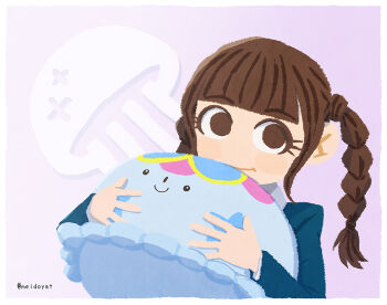 1girl :i animification blunt_bangs border braid brown_eyes brown_hair character_logo commentary_request highres long_hair looking_at_viewer love_live! love_live!_superstar!! meidosan photo-referenced purple_background real_life sakakura_sakura sidelocks smile solo stuffed_animal stuffed_jellyfish stuffed_toy twin_braids twitter_username voice_actor white_border