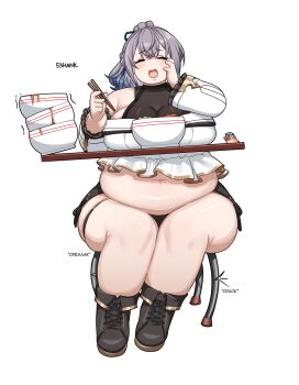 1girl 53hank absurdres artist_name bare_shoulders blue_hair blush boots breasts character_request chopsticks closed_eyes commentary commission copyright_request dishes dot_nose english_commentary facing_viewer fat full_body grey_hair hair_between_eyes highres holding holding_chopsticks huge_breasts long_sleeves lossy-lossless navel open_mouth simple_background sitting solo sound_effects straight-on thick_arms thick_thighs thighs vgen_commission white_background