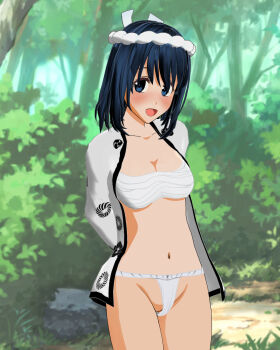 1girl 3d arms_behind_back bandages black_hair blue_eyes blush breasts bush chest_sarashi classmate_daisuki cleavage cleft_of_venus collarbone forest fundoshi grass hairband highres jacket japanese_clothes long_sleeves looking_at_viewer medium_breasts mitsudomoe_(shape) nature navel open_clothes open_jacket open_mouth outdoors pussy pussy_peek rock sarashi short_hair smile solo standing tomoe_(symbol) tree white_jacket