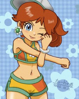 1girl ballhuman8765 bare_shoulders blue_eyes crop_top hat highres looking_at_viewer mario_(series) mario_kart mario_kart_world midriff nintendo one_eye_closed orange_hair ponytail princess_daisy princess_daisy_(swimwear)_(mario_kart_world) shorts sleeveless swimsuit
