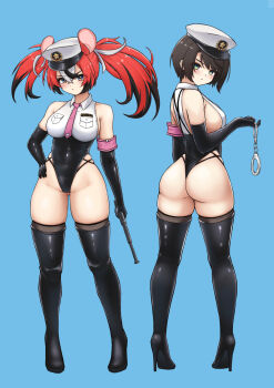 2girls armband armpit_crease ass black_boots black_gloves black_leotard blue_background blue_eyes blush boots breasts brown_hair closed_mouth commentary cuffs elbow_gloves english_commentary eyebrows_hidden_by_hair from_behind full_body gloves gluteal_fold green_eyes hair_between_eyes hakos_baelz hand_on_own_hip handcuffs hat highres holding holding_handcuffs hololive hololive_english large_breasts leotard looking_at_viewer medium_hair multiple_girls necktie oozora_subaru orange_hair pink_armband pink_necktie police_hat shirt short_hair short_twintails sideboob simple_background thigh_boots twintails wedgie white_shirt yafatguy