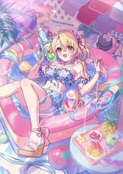 1girl ahoge avatar_2.0_project bikini blonde_hair blue_bikini blue_hair breasts food frills fruit highres holding holding_water_gun indie_virtual_youtuber kiwi_(fruit) long_hair looking_at_viewer medium_breasts minase_shia multicolored_hair navel open_mouth orange_(fruit) pineapple ringringfonz sample_watermark sandals smile solo strawberry swimsuit virtual_youtuber wading_pool water_gun watermark watermelon