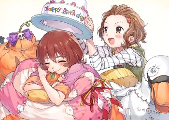 2girls arms_up birthday birthday_cake_hat blush brown_hair cake_hat closed_eyes closed_mouth commentary_request duck_costume english_text fingernails food fruit green_eyes hair_ornament hairclip happy_birthday hat holding holding_unworn_clothes holding_unworn_hat hood hood_down hooded_vest hoodie idolmaster idolmaster_cinderella_girls jacket long_sleeves mandarin_orange multicolored_clothes multicolored_shirt multiple_girls namba_emi octopus_hair_ornament open_clothes open_mouth open_vest patchwork_clothes pink_jacket pumpkin_costume rojiko shirt short_hair sidelocks sleeping smile tongue translation_request ueda_suzuho unworn_hat unworn_headwear vest wavy_hair