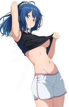 1girl ahoge arm_up armpits black_shirt black_tank_top blue_eyes blue_hair blush breasts clothes_lift cowboy_shot crop_top highres large_breasts lifting_own_clothes looking_at_viewer make_heroine_ga_oo_sugiru! medium_hair midriff navel nishizuki_shino open_mouth ponytail shirt shirt_lift shorts simple_background solo stomach sweat tank_top teasing thighs underboob white_background white_shorts yanami_anna