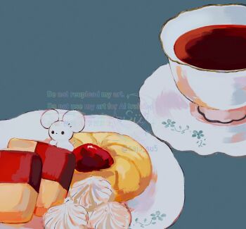 Rule 34 | animal, cookie, cup, food, mouse (animal), no humans, plate, saucer, su (sajo su5), tea, teacup, twitter username, watermark