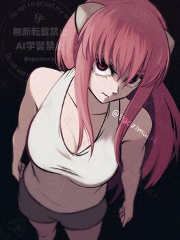 1girl angry breasts chimaki_(agozimuchi) cleavage closed_mouth elfen_lied eyelashes from_above highres horns large_breasts long_hair looking_at_viewer lucy_(elfen_lied) pink_hair red_eyes shorts solo tank_top watermark