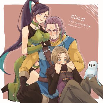 Rule 34 | 1girl, 1other, 2boys, anniversary, aqua eyes, arm guards, bad anatomy, bad proportions, belt, bike shorts, black gloves, black pants, black shirt, black shorts, black tank top, blue tabard, blush, boots, border, breasts, breasts on shoulders, bright pupils, brown belt, brown boots, brown hair, brown pants, brown trim, bustier, checkered clothes, commentary request, copyright name, covering another's mouth, dragon quest, dragon quest xi, embarrassed, facial hair, fingerless gloves, gloves, green boots, green bustier, greig (dq11), hair slicked back, hand on own knee, hand tattoo, head on chest, hero (dq11), high ponytail, highres, indian style, jitome, kneeling, large breasts, long hair, looking at viewer, looking down, martina (dq11), medium hair, multiple boys, muscular, muscular male, n@na, navel, o-ring, o-ring top, pants, parted hair, ponytail, purple eyes, purple facial hair, purple hair, purple tunic, shirt, shorts, sitting, smile, sweatdrop, tabard, tank top, tattoo, tockle (dq11), tunic, twitter username, white border, white pupils, yellow shirt