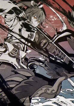 1boy aiming arrow_(projectile) bow_(weapon) drawing_bow hair_between_eyes highres holding holding_bow_(weapon) holding_weapon japanese_clothes komugiko_(komugiu08) long_hair male_focus ponytail rune_factory rune_factory:_guardians_of_azuma subaru_(rune_factory) weapon