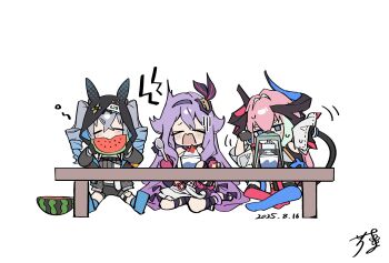&gt;_&lt; 3girls animal_ear_hood animal_ears blue_eyes blue_hair bronya_zaychik bronya_zaychik_(haxxor_bunny) closed_eyes commentary_request dated delta_(honkai_impact) drill_hair eating fake_animal_ears food fruit gradient_hair grey_hair hanaguruma_(hana96ma) highres holding holding_food holding_fruit holding_spoon holding_watermelon honkai_(series) honkai_impact_3rd hood hood_up horns ice_shaver multicolored_hair multiple_girls open_mouth pink_hair purple_hair rabbit_ears rozaliya_olenyeva shaved_ice signature sirin sirin_(miracle_magical_girl) sitting spoon table twin_drills two-tone_hair watermelon watermelon_slice