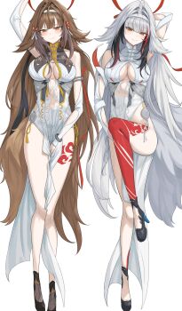 2girls absurdres arm_up armlet bare_shoulders between_legs black_hair blush bracelet breasts brown_eyes brown_hair brown_tail china_dress chinese_clothes cleavage closed_mouth clover clover_hair_ornament commentary commentary_request dress droopy_ears dual_persona english_commentary hair_intakes hair_ornament hairband half-closed_eyes hampo1219 hand_between_legs highres jewelry leg_tattoo leg_up long_hair looking_at_viewer medium_breasts metal_bracelet mixed-language_commentary multicolored_hair multiple_girls pelvic_curtain red_hair see-through_clothes silver_armlet silver_bracelet simple_background smile tail tattoo transformation very_long_hair white_background white_hair white_hairband white_tail ye_shunguang zenless_zone_zero