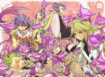 5boys artist_collaboration baseball_cap black_hair black_jacket black_pants black_shirt blue_eyes blue_jacket bouquet bow bowtie bright_pupils brown_pants chair cheren_(pokemon) cilan_(pokemon) collarbone commentary_request flower gen_5_pokemon green_bow green_bowtie green_hair grimsley_(pokemon) hair_between_eyes hat highres holding holding_bouquet hugh_(pokemon) jacket jewelry lemming_no_suana liepard male_focus multiple_boys necklace nintendo on_head on_lap on_shoulder one_eye_closed pants pokemon pokemon_(creature) pokemon_bw pokemon_bw2 pokemon_on_head pokemon_on_lap pokemon_on_shoulder purrloin red_jacket scarf shirt short_hair sideburns sitting smile stolen_eyewear toneko top_hat white_hat white_jacket white_pupils yellow_scarf