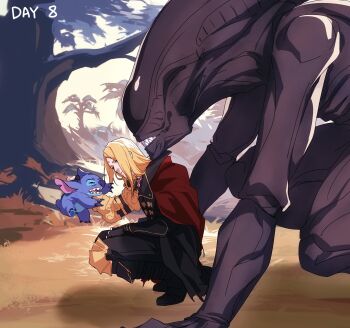 Rule 34 | 1boy, 1other, alien (1979), alien (series), black boots, black coat, black pants, blonde hair, boots, cape, coat, creature, day, final fantasy, final fantasy xiv, from side, garlean, highres, holding, holding creature, lilo &amp; stitch, long hair, monster, outdoors, pants, red cape, squatting, stitch (lilo &amp; stitch), tree, xenomorph, zenos yae galvus, zhyphenth