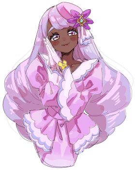 1girl bow cropped_legs dark-skinned_female dark_skin dress fascinator frilled_dress frills glove_bow gloves hair_ornament hands_up highres jacinthe_(pokemon) juliet_sleeves light_blush long_hair long_sleeves looking_at_viewer low_drills mega_stone nintendo own_hands_together parted_lips pokemon pokemon_legends:_z-a pon_(ponymmtknsk) puffy_sleeves purple_dress purple_eyes purple_gloves purple_hair smile solo very_dark_skin yellow_bow