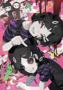 2girls ashley_graves black_overalls black_shorts blood blush commentary crayon english_commentary highres holding holding_crayon looking_at_viewer multiple_girls multiple_hair_clips overalls pale_skin pink_eyes purple_shirt shirt short_sleeves shorts smile tarid the_coffin_of_andy_and_leyley