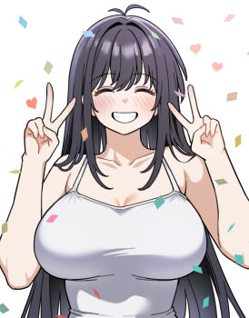 Rule 34 | 1girl, :d, antenna hair, bare arms, bare shoulders, black hair, blush, breasts, cleavage, closed eyes, collarbone, commentary request, confetti, double v, facing viewer, grin, hands up, heart, highres, korean commentary, large breasts, long hair, open mouth, original, parted lips, siribang1215, smile, solo, tank top, upper body, v, very long hair, white tank top