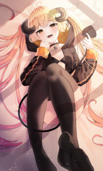 1girl absurdres ahoge ass black_bra blonde_hair bra brown_jacket brown_thighhighs commentary convenient_leg curled_horns demon_horns demon_tail english_commentary finger_in_own_mouth hair_spread_out hands_up heart highres holding_own_tail hood hooded_jacket horns jacket legs_up long_hair long_sleeves looking_at_viewer lying nannung no_shoes on_back open_clothes open_jacket open_mouth original smile solo tail thighhighs toes twintails underwear very_long_hair yellow_eyes