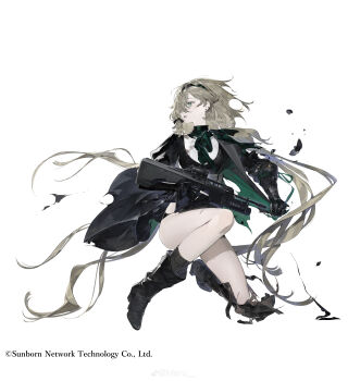 1girl absurdres armor assault_rifle bare_legs black_boots black_gloves black_jacket black_shoes black_socks blonde_hair blood blood_stain boots braid broken_armor bullpup checkered_hairband chinese_commentary coattails commentary copyright_name cuts debris earclip ef88_(girls&#039;_frontline) fingerless_gloves floating_hair full_body gauntlets girls&#039;_frontline gloves green_eyes green_hairband green_neckerchief grenade_launcher gun hair_over_one_eye hairband high_heel_boots high_heels highres holding holding_gun holding_weapon injury jacket kneeling lapels long_hair looking_to_the_side magazine_(weapon) meru02295238 muzzle_device neckerchief notched_lapels on_one_knee one_eye_covered optical_sight parted_lips rifle shirt shoes simple_background single_arm_armor socks solo striped_clothes striped_shirt suit_jacket tachi-e torn_clothes trigger_discipline two-sided_fabric two-sided_jacket underbarrel_grenade_launcher vertical-striped_clothes vertical-striped_shirt very_long_hair watermark weapon weibo_username weibo_watermark white_background white_shirt