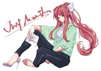 Rule 34 | 1girl, absurdres, between legs, blush, bow, character name, commentary, doki doki literature club, english commentary, english text, full body, green eyes, green jacket, hair bow, hand between legs, hand on own knee, high heels, high ponytail, highres, jacket, knee up, kozmoraven1610, long hair, long sidelocks, looking at viewer, monika (doki doki literature club), pink hair, ponytail, shirt, sidelocks, smile, solo, white shirt