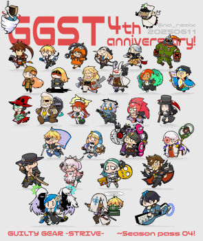 6+boys 6+girls a.b.a anniversary asuka_r._kreutz axl_low baiken beard bedman? bridget_(guilty_gear) chibi chibi_only chipp_zanuff copyright_name delilah_(guilty_gear) dizzy_(guilty_gear) elphelt_valentine everyone facial_hair faust_(guilty_gear) flag giovanna_(guilty_gear) goldlewis_dickinson guilty_gear guilty_gear_strive gun handgun happy_chaos hat highres horns i-no jack-o&#039;_valentine johnny_(guilty_gear) ky_kiske leo_whitefang mask may_(guilty_gear) millia_rage mito_anji multiple_boys multiple_girls na_remix nagoriyuki necro_(guilty_gear) paracelsus_(guilty_gear) potemkin_(guilty_gear) queen_dizzy ramlethal_valentine rei_(guilty_gear) robo-ky roger_(guilty_gear) sin_kiske slayer_(guilty_gear) sol_badguy staff sword testament_(guilty_gear) undine_(guilty_gear) unika_(guilty_gear) venom_(guilty_gear) weapon zato-1