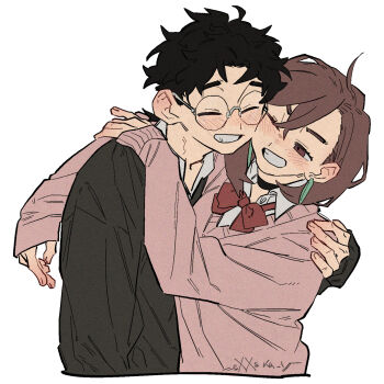 1boy 1girl arm_around_neck arm_around_shoulder artist_name ayase_momo black_choker black_hair black_jacket blush bow bowtie breasts brown_eyes brown_hair cheek-to-cheek choker closed_eyes collared_shirt couple cropped_torso crossed_bangs dandadan earrings exxska_1 glasses grin hair_between_eyes heads_together hetero highres hug jacket jewelry medium_breasts medium_hair one_eye_closed parted_bangs pink_sweater red_bow red_bowtie round_eyewear school_uniform shirt shirt_under_sweater short_hair smile sweater takakura_ken_(dandadan) teeth upper_body white_background white_shirt