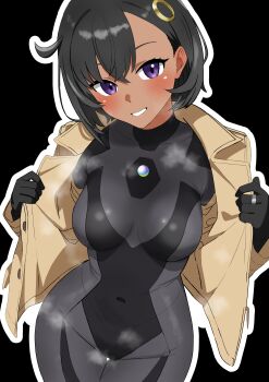 Rule 34 | 1girl, absurdres, black background, black gloves, blush, bodysuit, breasts, covered navel, emma (pokemon), eyelashes, gloves, grin, hands up, highres, jacket, jewelry, latex, latex bodysuit, looking at viewer, matsuokalive10, nintendo, open clothes, open jacket, outline, pokemon, pokemon legends: z-a, purple eyes, revision, ring, ring hair ornament, simple background, smile, solo, steaming body, teeth