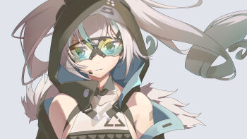 Rule 34 | 1girl, absurdres, barcode, barcode tattoo, black jacket, blue background, bronya zaychik, bronya zaychik (haxxor bunny), commentary, drill hair, earpiece, grey eyes, grey hair, highres, honkai (series), honkai impact 3rd, jacket, jliaan, long hair, looking at viewer, simple background, solo, tattoo, twin drills, upper body