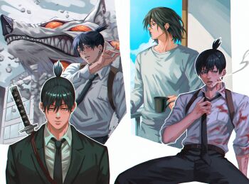 Rule 34 | 1boy, black hair, black jacket, black necktie, black pants, blue eyes, chainsaw man, chest belt, cigarette, collared shirt, cup, debris, earrings, extra eyes, formal clothes, fox devil (chainsaw man), fox shadow puppet, grey shirt, gun sling, hair down, hayakawa aki, highres, holding, holding cup, jacket, jewelry, katana, looking at viewer, looking down, looking to the side, necktie, open mouth, pants, red eyes, ringed eyes, sharp teeth, shirt, shirt tucked in, short hair, smoke, smoking, stud earrings, suit, suit jacket, sword, teeth, topknot, verbartt, weapon, weapon on back, white shirt