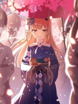 Rule 34 | absurdres, blurry, blurry foreground, brown hair, closed mouth, collarbone, commentary request, covered face, falling petals, floating hair, grey eyes, hair ornament, hanasato minori, highres, jewelry, long hair, long sleeves, necklace, oil-paper umbrella, petals, project sekai, standing, straight hair, swept bangs, umbrella, yomomo14