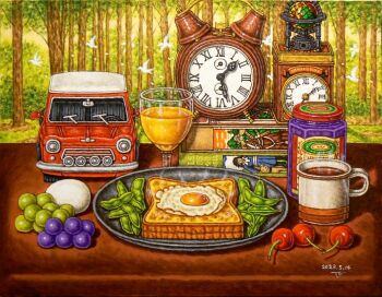 acrylic_paint_(medium) alarm_clock analog_clock bird book bread bread_slice cherry clock coffee coffee_mug commentary_request cup dated drinking_glass edamame egg food food_focus forest fried_egg fried_egg_on_toast fruit grapes jar kyuushuudanji mug nature no_humans original outdoors painting_(medium) plate signature steam still_life toast toy_car traditional_media wine_glass