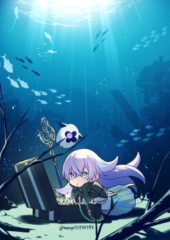 1boy bead_necklace beads black_gloves black_shirt blue_hair commentary_request elbow_gloves fish gloves green_eyes hakama hakama_pants head_rest highres hoshirube_sho hoshirube_sho_(1st_costume) iridescent_clothes japanese_clothes jewelry long_hair male_focus multicolored_hair nana72710193 necklace nijisanji otomo_(hoshirube_sho) pants parted_lips purple_hair ship shirt staff streaked_hair suitcase twitter_username underwater very_long_hair vest virtual_youtuber watercraft white_vest wrench