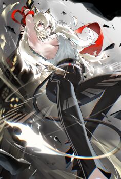 Rule 34 | 1girl, absurdres, armpits, arms up, black horns, black pants, black tail, breasts, chromatic aberration, curled horns, fire, flame-tipped tail, foot out of frame, from below, glowing scar, greatsword, grey hair, hair between eyes, high-waist pants, highres, holding, holding sword, holding weapon, horns, incoming attack, large breasts, long hair, looking at viewer, looking down, missing commentary, mole, mole under eye, pants, red eyes, scar, shirt, shirt tucked in, sideboob, signature, solo, sword, t3ku, tail, torn clothes, torn shirt, v-shaped eyebrows, weapon, white shirt, wuthering waves, zani (wuthering waves)