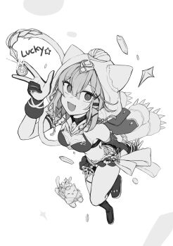 Rule 34 | 1girl, animal ear hood, animal ears, between fingers, can (honkai impact), cat, cat ears, cat tail, coin, commentary request, english text, fake animal ears, fang, from above, full body, gem, gloves, greyscale, hair between eyes, highres, holding, holding coin, honkai (series), honkai impact 3rd, hood, korean commentary, mi (27782900), micro shorts, midriff, monochrome, open mouth, pardofelis, pardofelis (reverist calico), short hair, shorts, skin fang, smile, solo, tail