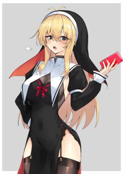 1girl absurdres alternate_costume antenna_hair blonde_hair cleavage_cutout clothing_cutout detached_sleeves frilled_panties frills garter_straps green_eyes highres holding holding_phone long_hair long_sleeves nun open_mouth panties panty_peek phone solo thighhighs tsurumaki_maki underwear voiceroid zooanime
