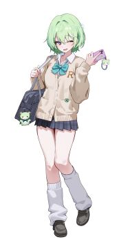 Rule 34 | 1girl, absurdres, aqua bow, aqua bowtie, bag, black shoes, bow, bowtie, braid, brown cardigan, cardigan, cellphone, character doll, chico (yuzuha riko), collared shirt, doll, dress shirt, four-leaf clover ornament, full body, green hair, grey bag, grey skirt, handbag, hashtag-only commentary, highres, holding, holding phone, long sleeves, loose socks, multicolored hair, one eye closed, open mouth, phone, plaid clothes, plaid skirt, pleated skirt, purple eyes, shirt, shoes, short hair, simple background, skirt, socks, solo, stellive, streaked hair, tay (cdjk7758), virtual youtuber, white background, white hair, white shirt, white socks, yuzuha riko