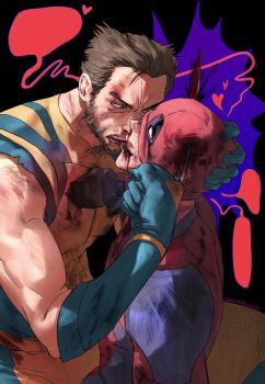 2boys absurdres animification beard biting biting_another's_lip black_gloves blank_speech_bubble bleeding blood blood_on_clothes blood_on_face bloody_weapon blue_gloves bodysuit brown_hair claw_(weapon) clenched_hand commentary deadpool deadpool_&amp;_wolverine deadpool_(series) english_commentary eye_contact facial_hair gloves hand_on_another's_head heart highres holding holding_knife impaled kiss knife looking_at_another male_focus marvel mask mask_lift motokawako multicolored_bodysuit multiple_boys muscular muscular_male red_bodysuit red_mask scar scars_all_over short_hair speech_bubble stab superhero_costume teeth tongue tongue_out too_many two-tone_bodysuit weapon wolverine_(x-men) x-men yaoi yellow_bodysuit