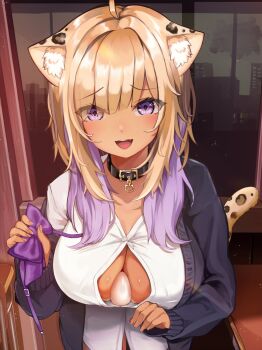 1girl :d absurdres ahoge alternate_costume alternate_hair_color alternate_skin_color animal_ear_fluff animal_ears animal_print bad_id bad_twitter_id between_breasts black_cardigan black_collar blonde_hair bow bowtie breasts cardigan cat_ears cat_tail collar commentary_request dark-skinned_female dark_skin egg gyaru highres hololive indoors large_breasts leopard_print long_hair long_sleeves looking_at_viewer multicolored_hair murako_(murakumoko) nekomata_okayu nekomata_okayu_(oversized_shirt) object_between_breasts off_shoulder ogyayu_(nekomata_okayu) open_cardigan open_clothes open_mouth open_shirt purple_eyes purple_hair shirt smile solo tail two-tone_hair upper_body virtual_youtuber white_shirt window