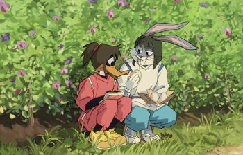2boys animal_ears bob_cut brown_hair bugs_bunny commentary cosplay daffy_duck english_commentary flower food grass haku_(sen_to_chihiro_no_kamikakushi) haku_(sen_to_chihiro_no_kamikakushi)_(cosplay) highres holding holding_food japanese_clothes long_sleeves looking_at_another looney_tunes lumise05 multiple_boys ogino_chihiro ogino_chihiro_(cosplay) outdoors ponytail rabbit_ears sen_to_chihiro_no_kamikakushi short_hair squatting
