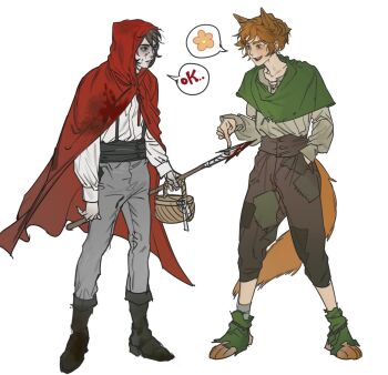 1boy 1girl abaddon_(haunted_hotel) aged_up animal_ears bags_under_eyes basket big_bad_wolf big_bad_wolf_(cosplay) black_eyes blood blood_on_face bloody_weapon boots brown_eyes brown_hair capelet cloak cosplay english_text esther_freeling green_capelet hand_in_pocket haunted_hotel highres holding holding_basket holding_polearm holding_weapon hood hood_up hooded_cloak kemonomimi_mode little_red_riding_hood_(fairy_tale) little_red_riding_hood_(fairy_tale_character) little_red_riding_hood_(fairy_tale_character)_(cosplay) long_sleeves looking_at_another orange_hair patchwork_clothes polearm puffy_long_sleeves puffy_sleeves red_cloak rickorty_08 shirt short_hair simple_background spear spoken_flower standing suspenders tail weapon white_background white_shirt wolf_ears wolf_girl wolf_tail