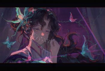 1girl absurdres artist_name bingyuqin brown_hair chain closed_mouth commentary_request expressionless face_chain hair_ornament highres holding holding_chain letterboxed long_hair looking_at_viewer orange_eyes parted_bangs reverse:1999 solo tooth_fairy_(reverse:1999) upper_body