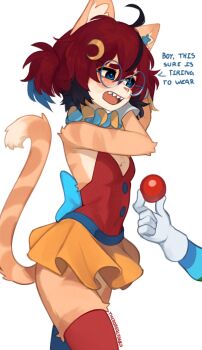 1girl aeiou_(yoako) ahoge animal_ears asymmetrical_legwear black_hair body_fur breasts brown_fur cat_ears cat_tail crescent crescent_hair_ornament d: detached_collar english_text glasses gloves green_hair green_thighhighs hair_ornament highres microskirt mismatched_legwear open_mouth orange_skirt original red_hair red_thighhighs red_vest round_eyewear sharp_teeth skirt small_breasts solo_focus tail teeth thighhighs twintails upper_teeth_only vest white_gloves yoako