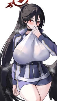 1girl absurdres black_hair black_wings blue_archive blue_jacket blue_shorts blush bralines breasts choker commentary_request feathered_wings hair_between_eyes halo hasumi_(blue_archive) hasumi_(track)_(blue_archive) high_ponytail highres huge_breasts jacket long_hair long_sleeves looking_at_viewer marumai ponytail red_eyes shirt short_shorts shorts solo very_long_hair white_shirt wings