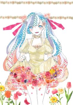 Rule 34 | 1girl, 922pochan, aqua hair, aqua nails, blue eyes, blue hair, blush, bow, bow choker, breasts, choker, commentary request, daisy (flower), dot nose, dress, feet out of frame, flower, flower underskirt, frilled sleeves, frills, gradient eyes, gradient hair, hair ribbon, highres, long hair, looking at viewer, masking tape (medium), mixed media, multicolored eyes, multicolored hair, open mouth, orange hair, parted bangs, pink eyes, pink hair, pink ribbon, puffy short sleeves, puffy sleeves, ribbon, rose, short sleeves, single sidelock, skirt hold, small breasts, smile, solo, straight-on, streaked hair, teeth, thighs, traditional media, tulip, twintails, unconventional media, upper teeth only, very long hair, vocaloid, white background, white streaks, yellow dress