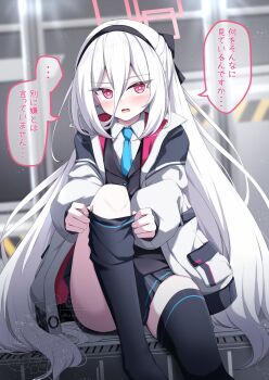 1girl absurdres adjusting_clothes adjusting_legwear black_bow black_hairband black_thighhighs black_vest blue_archive blue_necktie blush bow commentary_request dot_nose hair_between_eyes hairband halo highres jacket kamesys kei_(blue_archive) kei_(new_body)_(blue_archive) long_hair long_hair_between_eyes looking_at_viewer necktie open_clothes open_jacket pink_eyes pink_halo rectangular_halo ringed_eyes shirt sitting solo thighhighs translation_request vest white_hair white_jacket white_shirt