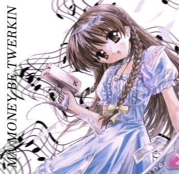 1girl 2000s_(style) 2fulun :d banknote blurry braid brown_eyes brown_hair center_frills depth_of_field dress english_text faux_retro_artstyle frills gun hair_ribbon head_tilt highres holding holding_gun holding_weapon karen_(sister_princess) long_hair looking_at_viewer money musical_note musical_staff open_mouth puffy_short_sleeves puffy_sleeves ribbon short_sleeves sister_princess smile solo twin_braids weapon white_dress