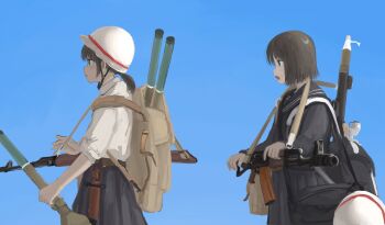 2girls absurdres ak-74 aks-74 assault_rifle attamaf866 backpack bag black_bag black_hair black_sailor_collar black_skirt blue_sky clear_sky combat_helmet from_side gun gun_sling helmet highres kalashnikov_rifle long_sleeves multiple_girls open_mouth original outdoors parted_lips ponytail profile rifle rocket_launcher rpg_(weapon) sailor_collar school_uniform serafuku short_sleeves skirt sky strap unworn_headwear unworn_helmet weapon white_helmet