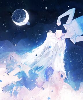 2girls absurdres closed_eyes collarbone commentary_request dress earrings faux_traditional_media floating grey_hair highres ivelovedsekaowa jellyfish jewelry multiple_girls original pinafore_dress planet_earrings short_hair sleeveless sleeveless_dress space star_(sky) surreal what white_hair