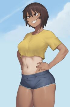 Rule 34 | 1girl, absurdres, azumanga daiou, breasts, brown eyes, brown hair, commentary, crop top, dark-skinned female, dark skin, hands on own hips, highres, kagura (azumanga daioh), meruzis, midriff, muscular, muscular female, navel, one-piece tan, short hair, short shorts, shorts, smile, tan, tanline, thick thighs, thighs, toned