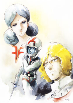 1980s_(style) 1girl 2boys amuro_ray bindi black_eyes blonde_hair blood blood_on_face char_aznable concept_art gundam hand_on_own_shoulder helmet highres injury lalah_sune mecha_pilot_suit mobile_suit_gundam multiple_boys normal_suit_(gundam) official_art oldschool painting_(medium) promotional_art retro_artstyle rivalry scan scar science_fiction signature spacesuit spoilers sword traditional_media unworn_headwear unworn_helmet watercolor_(medium) weapon white_background