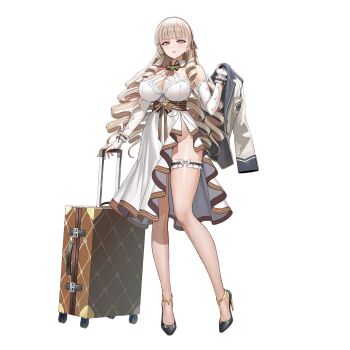 1girl black_shoes blonde_hair blunt_bangs bow bowtie breast_pocket breasts brown_bow brown_bowtie brown_headband buttons chain cleavage clothing_cutout collar detached_collar dress drill_hair drill_sidelocks earrings elbow_gloves fingerless_gloves frilled_gloves frilled_thigh_strap frills full_body gem gloves green_gem green_nails grey_eyes grey_jacket headband high_heels highres holding holding_jacket holding_suitcase holding_unworn_clothes jacket jewelry knees_together_feet_apart large_breasts last_origin long_hair looking_at_viewer maria_rioboros multicolored_jacket nail_polish no_panties non-web_source official_art parted_lips pocket shoes side_slit sidelocks simple_background solo standing striped_bow striped_bowtie striped_clothes suitcase tachi-e taesi thick_thighs thigh_strap thighs transparent_background two-tone_jacket underbust unworn_jacket white_collar white_dress white_jacket