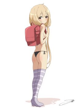 1girl ass ass_focus backpack bag bikini bikini_bottom_only black_bikini blonde_hair blush breasts brown_eyes closed_mouth dot_nose fazekas female_focus flat_ass from_behind full_body futaba_anzu hands_up idolmaster idolmaster_cinderella_girls legs_together loli looking_at_viewer looking_back low_twintails nervous nervous_smile purple_thighhighs randoseru red_bag side-tie_bikini_bottom small_breasts smile solo standing striped_clothes striped_thighhighs swimsuit thighhighs thong topless_female turning_head twintails